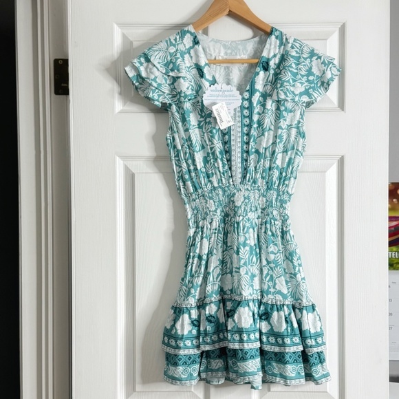 NWT Walker & Wade Zoey Dress Lagoon Print Turquoise Short Sleeve Shirred Waist - Picture 3 of 16